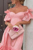 Pink FJØRNA off-shoulder midi dress for women, elegant A-line design, perfect for stylish occasions.