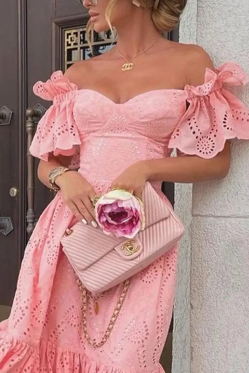 Pink FJØRNA off-shoulder midi dress for women, elegant A-line design, perfect for stylish occasions.