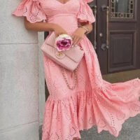 FJØRNA pink off-shoulder midi dress for women, elegant A-line design, perfect for stylish occasions.