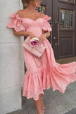 Pink off-shoulder midi dress for women by FJØRNA, featuring an elegant A-line design and stylish midi length.