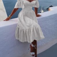 Pink FJØRNA off-shoulder midi dress for women with an elegant A-line silhouette, perfect for stylish occasions.
