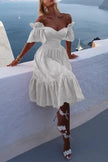 FJØRNA pink off-shoulder midi dress for women, elegant A-line design with a fitted bodice and flowing skirt.