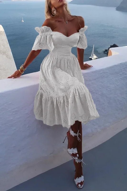 FJØRNA pink off-shoulder midi dress for women, elegant A-line design with a fitted bodice and flowing skirt.