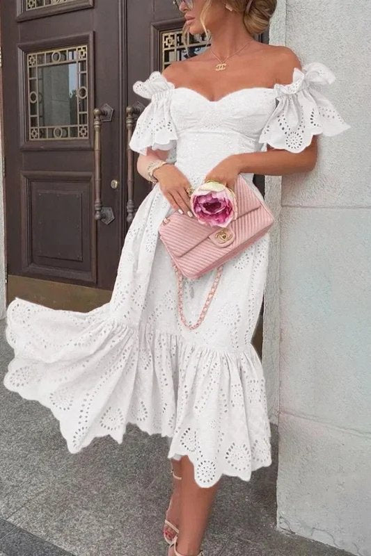 Pink off-shoulder midi dress for women by FJØRNA featuring an elegant A-line silhouette and stylish design.