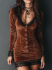 Vintage Lace Trim Button Velvet Women's Mini Dress - Party & Cocktail