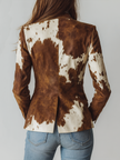 FJØRNA women's brown cow print suede blazer with tailored fit and lapel collar, stylish and versatile outerwear.