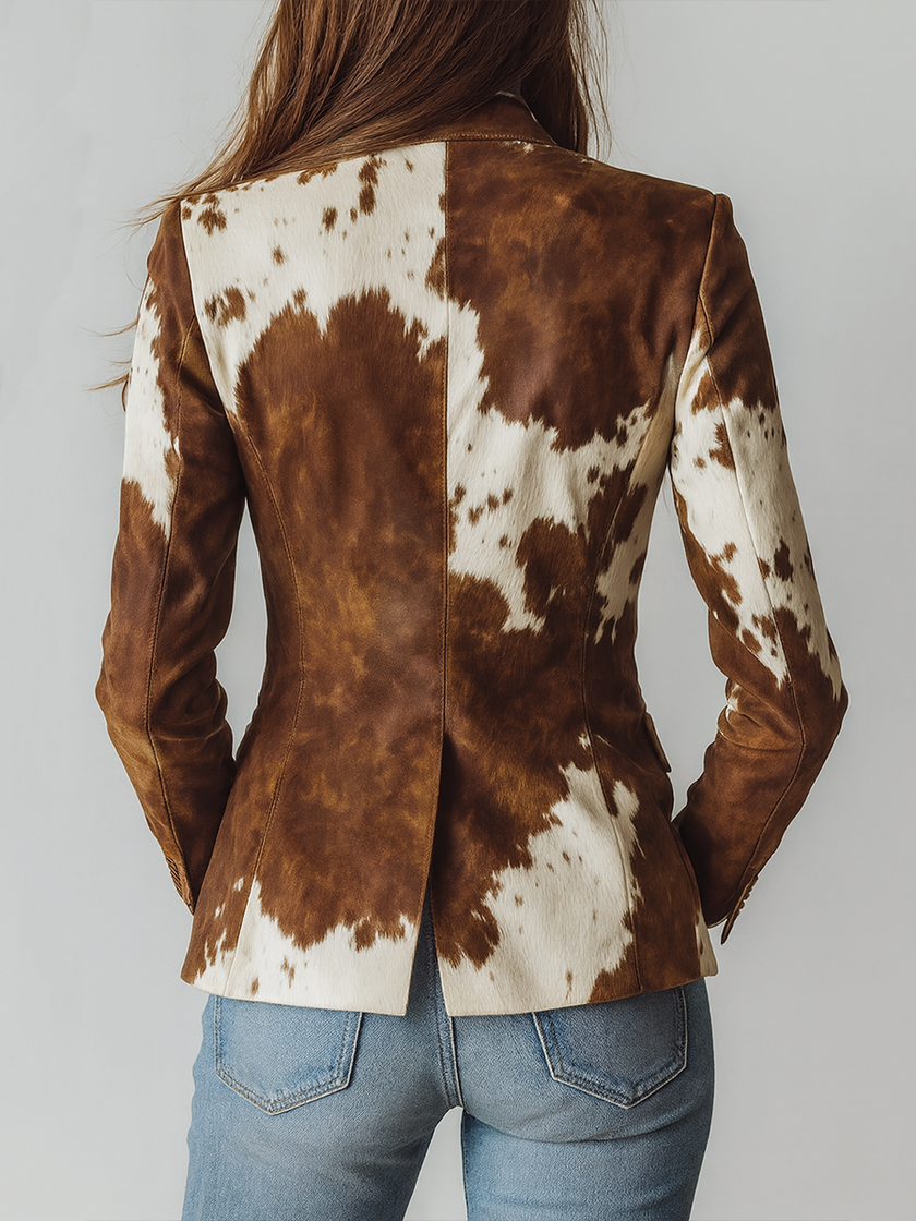FJØRNA women's brown cow print suede blazer with tailored fit and lapel collar, stylish and versatile outerwear.