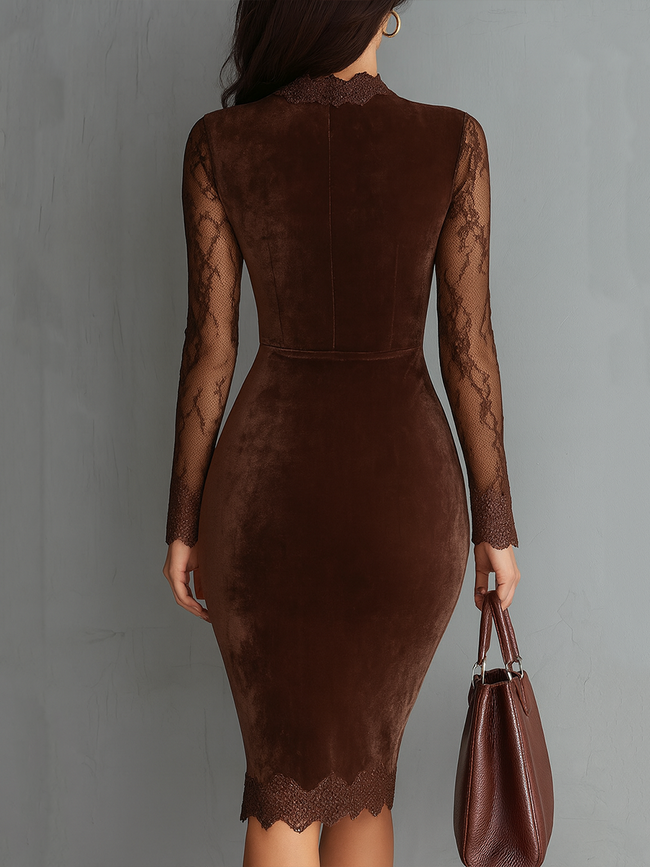 FJØRNA vintage velvet mini dress with keyhole neckline and lace sleeves, stylish women's dress perfect for elegant occasions