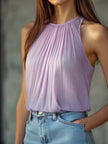 Lilac FJØRNA halter neck chiffon blouse with pleated design, sleeveless tank top for women, elegant and lightweight.