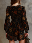 FJØRNA retro floral print velvet mini dress with pleated waist, perfect for stylish women's fashion.