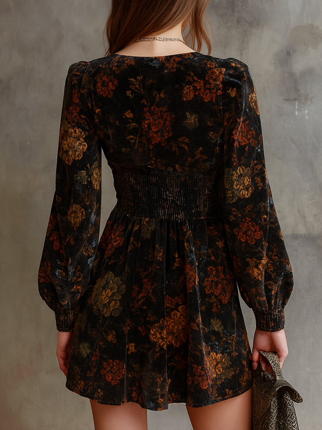 FJØRNA retro floral print velvet mini dress with pleated waist, perfect for stylish women's fashion.