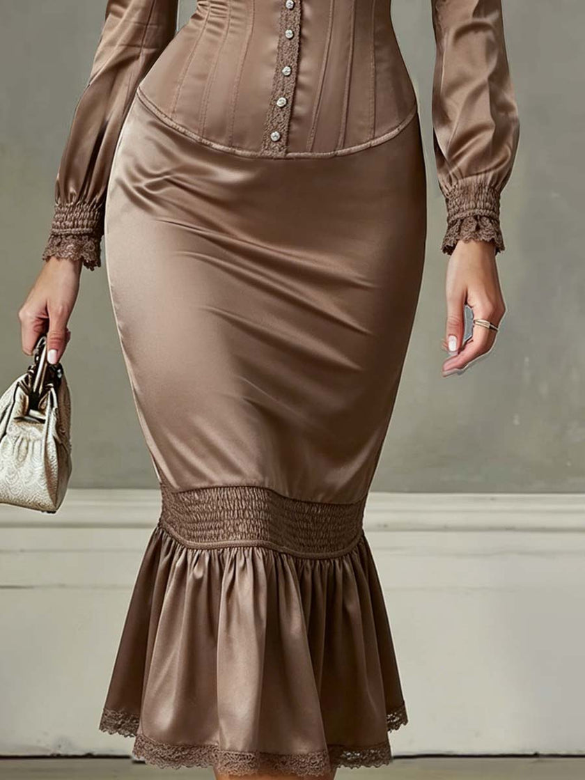 FJØRNA vintage women's midi dress with ruffled hem, lace trim, polyester satin fabric, elegant and feminine design.
