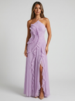 FJØRNA women's pleated halter maxi dress with ruffle details, suitable for wedding guests, in a luxurious fashion style.
