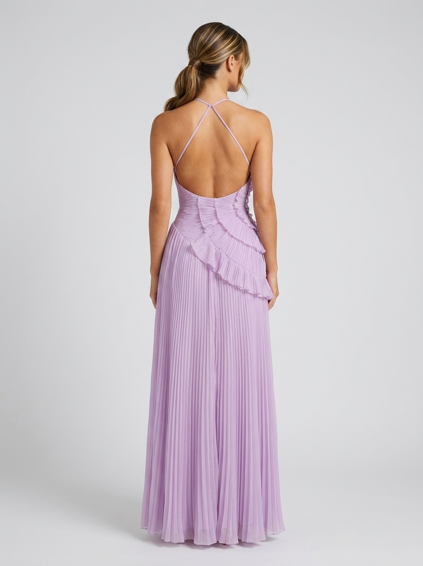 FJØRNA women's pleated halter maxi dress with ruffle details, perfect for wedding guest attire, shown in a stylish fashion image.