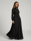 FJØRNA women's button front maxi dress with long sleeves, stylish summer dress in a luxurious studio setting.