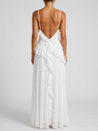 Women's FJØRNA pleated halter maxi dress with ruffle details, perfect for wedding guests, elegant and flowing design.