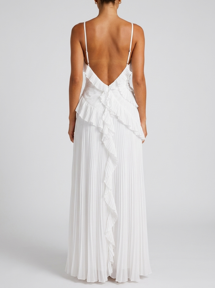 Women's FJØRNA pleated halter maxi dress with ruffle details, perfect for wedding guests, elegant and flowing design.