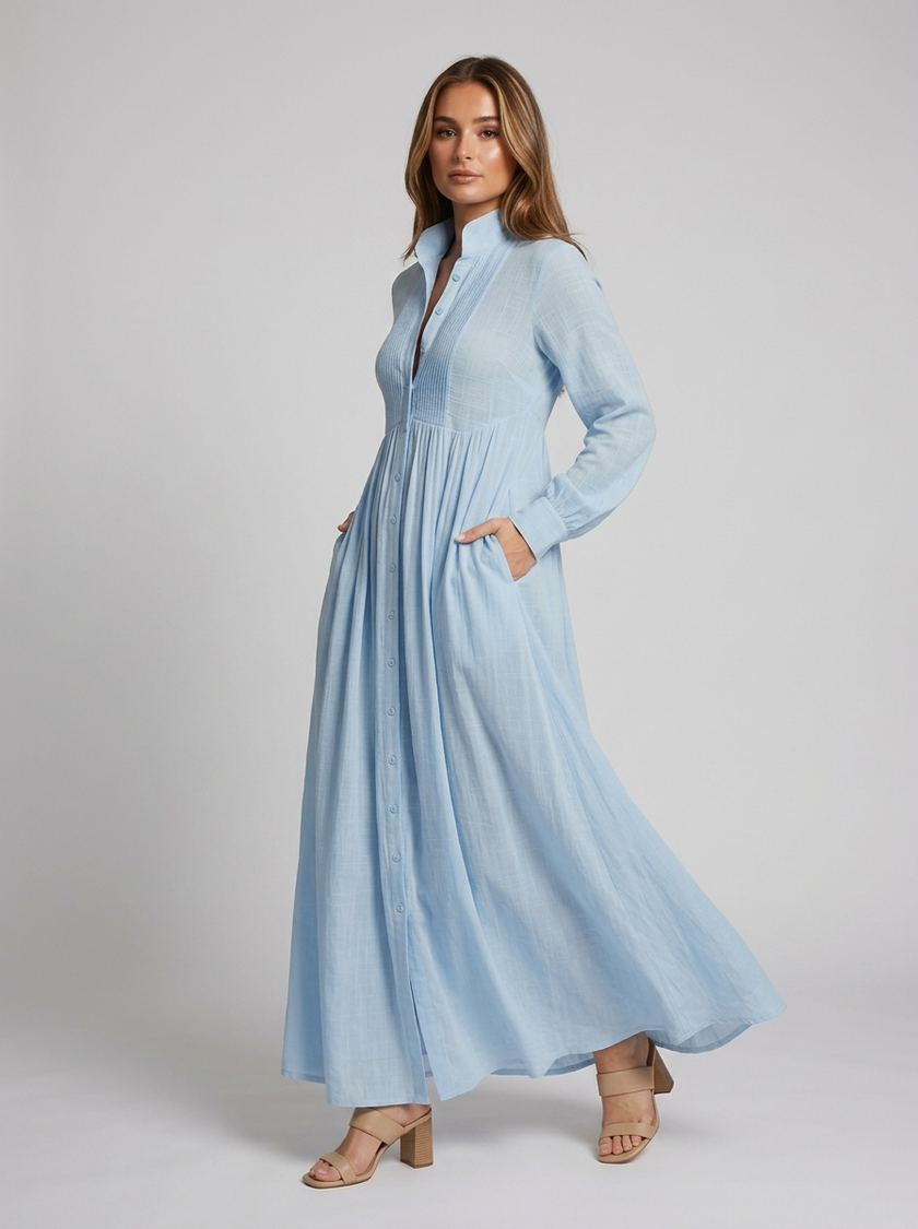 FJØRNA women's button front maxi dress with long sleeves, lightweight summer dress in a stylish, relaxed fit for warm weather.