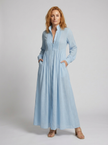 FJØRNA women's button front maxi dress with long sleeves, lightweight summer dress in soft fabric, styled for warm weather.