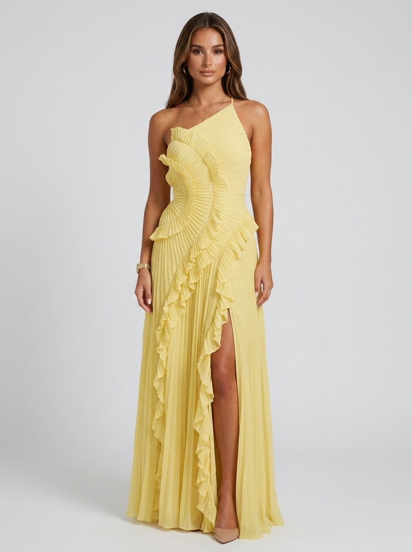 FJØRNA women's pleated halter maxi dress with ruffle details, ideal for wedding guest or formal occasions.