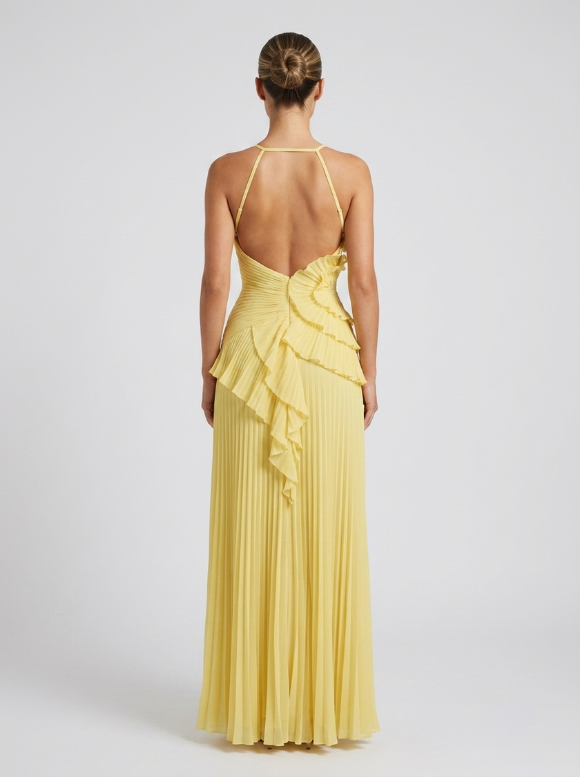 FJØRNA women's pleated halter maxi dress with ruffles, perfect for wedding guests, elegant and flowing for special occasions.