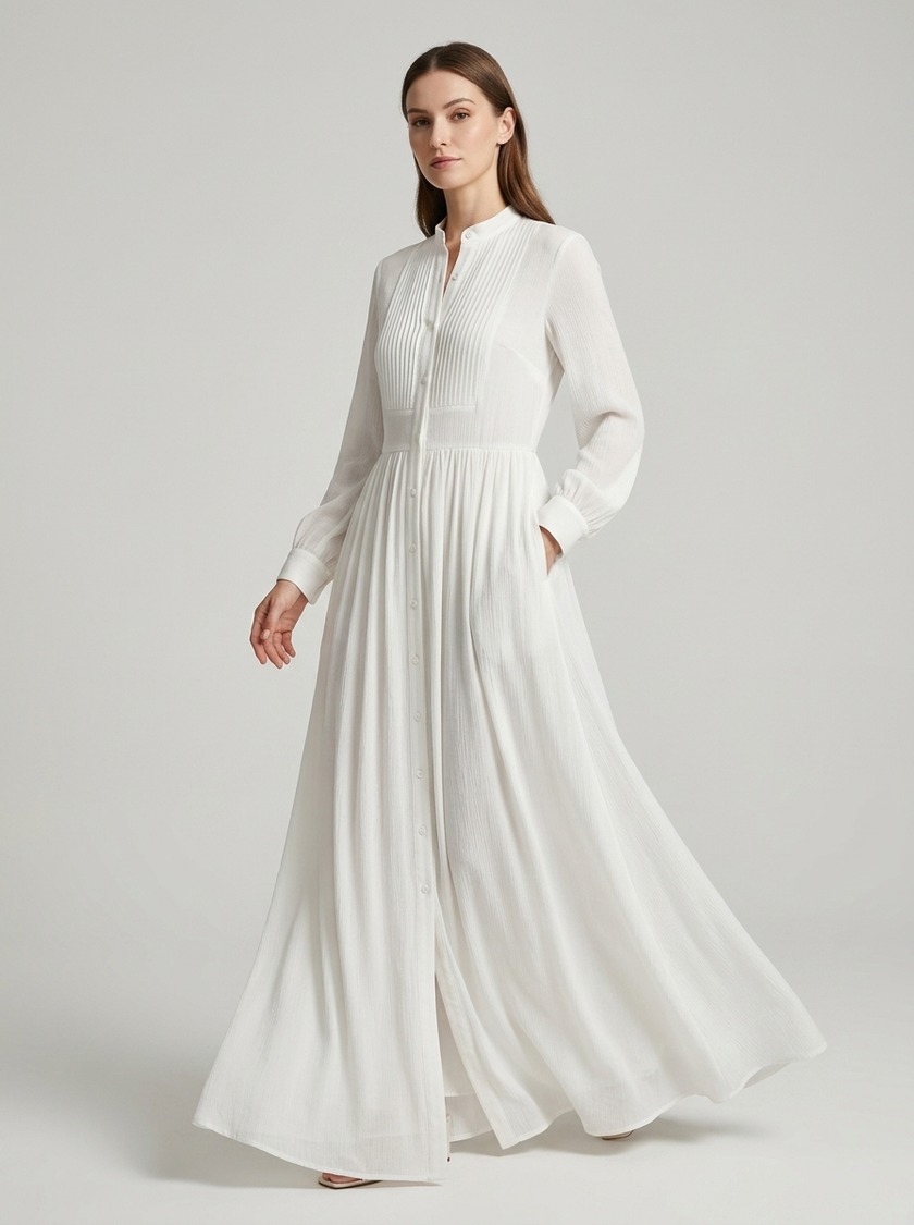 FJØRNA women's button front maxi dress with long sleeves, stylish summer dress in a flattering silhouette on a neutral background.