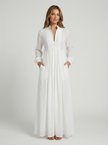 FJØRNA women's button front maxi dress with long sleeves, perfect for summer, featuring a flowing fabric and stylish design.
