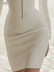 FJØRNA textured zipper hourglass leather mini dress for women, featuring a fitted silhouette and midi length, shown on a model.