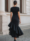 FJØRNA asymmetric ruffle hem midi dress for women, high neckline, short sleeves, stylish and elegant fashion piece.