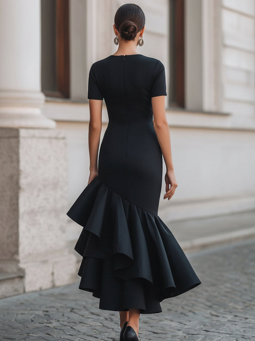 FJØRNA asymmetric ruffle hem midi dress for women, high neckline, short sleeves, stylish and elegant fashion piece.