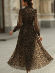 FJØRNA leopard print wrap midi dress with long sleeves, stylish and fitted, perfect for casual or semi-formal occasions.