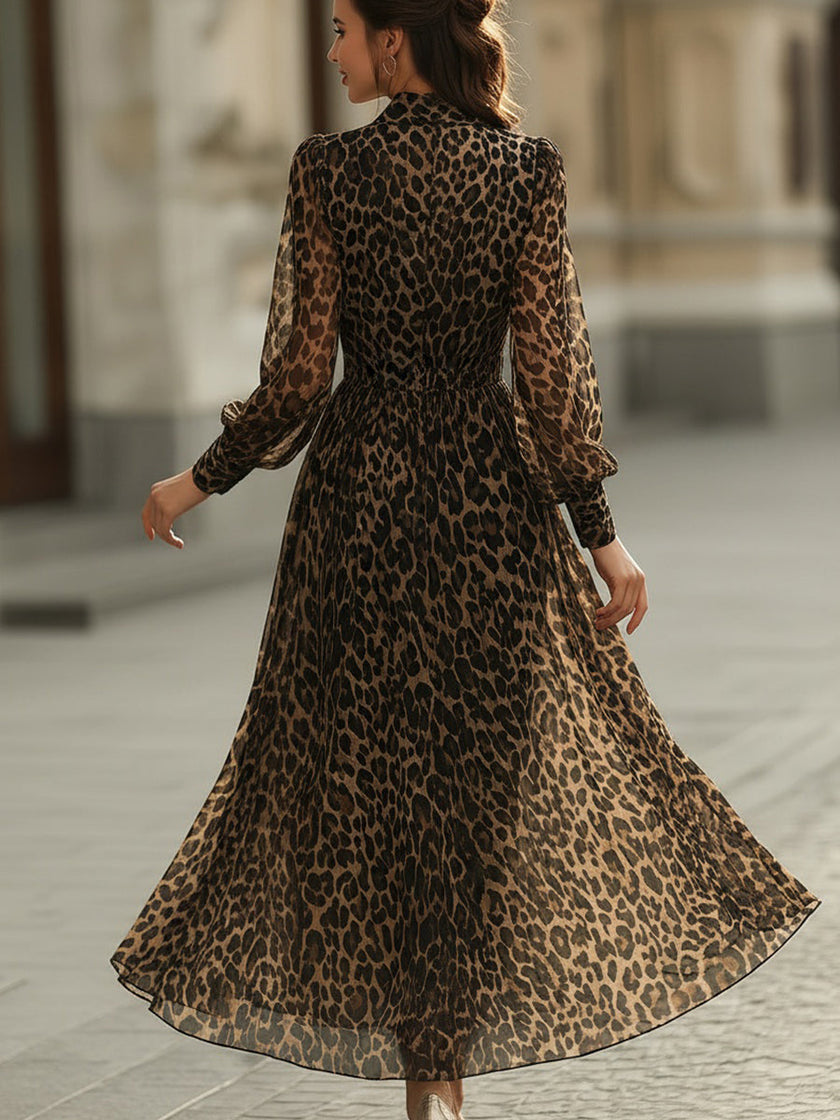 FJØRNA leopard print wrap midi dress with long sleeves, stylish and fitted, perfect for casual or semi-formal occasions.