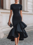FJØRNA women's asymmetric ruffle hem midi dress with high neck and short sleeves, stylish and elegant for special occasions