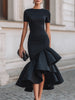 FJØRNA women's asymmetric ruffle hem midi dress with high neck and short sleeves, stylish and elegant for special occasions
