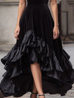 FJØRNA velvet high-low evening gown with layered ruffled hem, long sleeves, elegant maxi dress for formal occasions