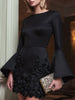 Black FJØRNA bell-sleeve floral appliqué mini dress with a fitted silhouette and intricate floral details.