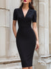 FJØRNA elegant short-sleeve wrap pencil dress, fitted silhouette with V-neck and waist tie, stylish for formal or casual occasions.
