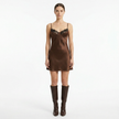 Women's lace slip satin mini dress by FJØRNA, featuring delicate lace details and a smooth satin finish.