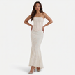 FJØRNA women's strapless lace corset maxi dress with fitted bodice and flowing skirt, elegant evening wear for formal occasions.