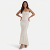 FJØRNA women's strapless lace corset maxi dress with fitted bodice and flowing skirt, elegant evening wear for formal occasions.