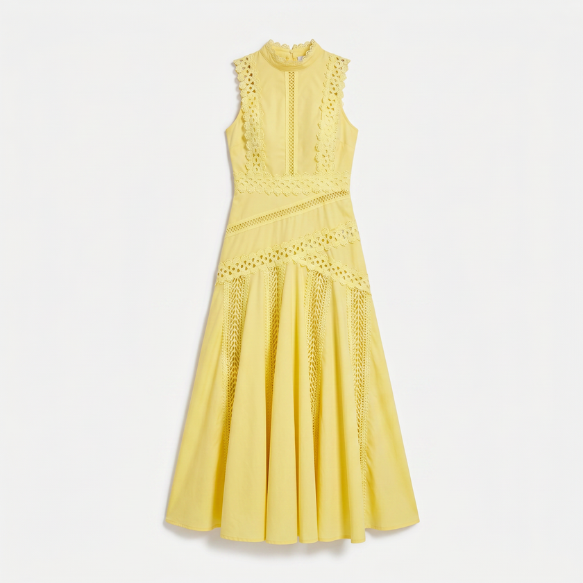 FJØRNA women's sleeveless midi dress with lace panels, fitted bodice, and flowing skirt, perfect for elegant occasions.