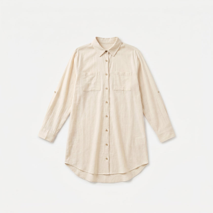 Women's oversized linen shirt dress by FJØRNA, button-down style, relaxed fit, light and breathable fabric, casual summer dress