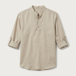 FJØRNA men's linen Henley shirt with grandad collar, rolled-up sleeves, casual summer style, lightweight and breathable fabric