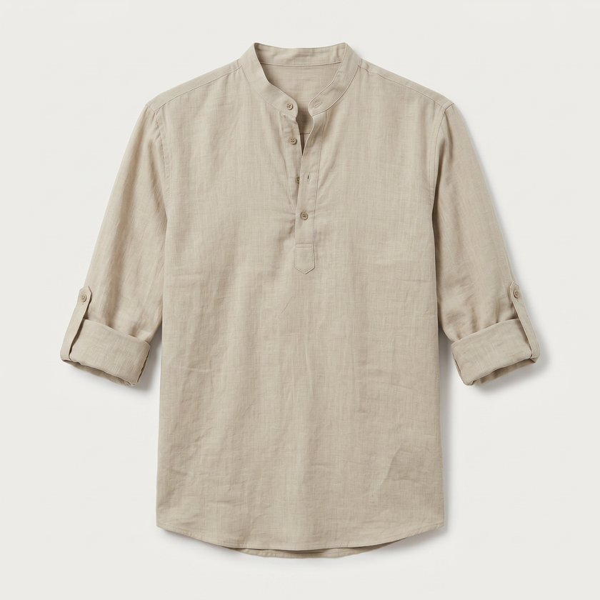 FJØRNA men's linen Henley shirt with grandad collar, rolled-up sleeves, casual summer style, lightweight and breathable fabric