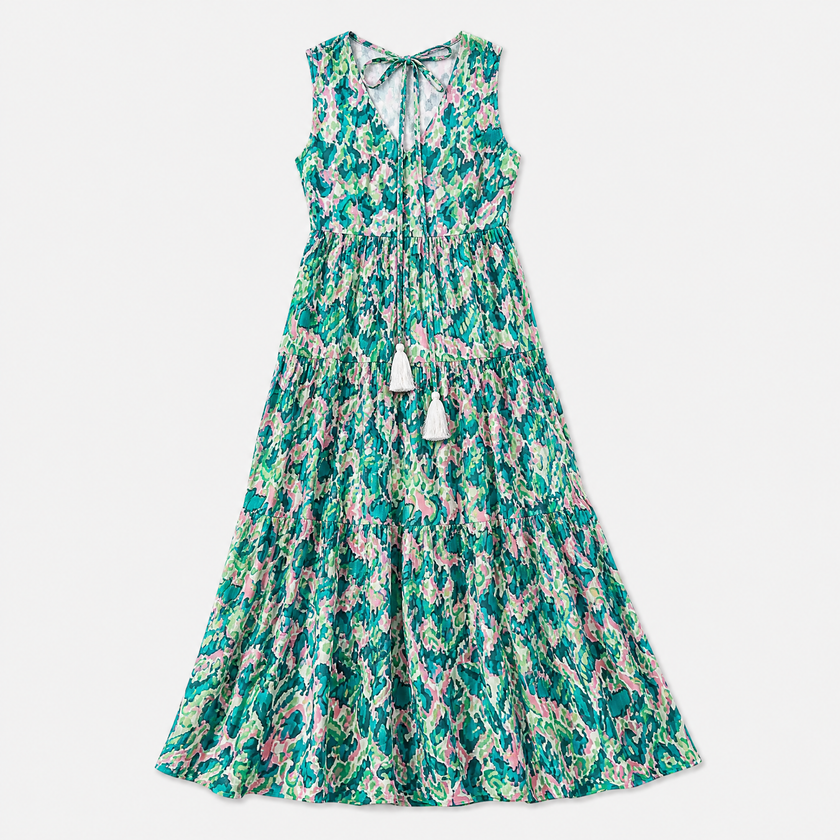 Women's FJØRNA sleeveless floral print boho maxi dress with tie neck and flowing silhouette, perfect for summer or casual wear.