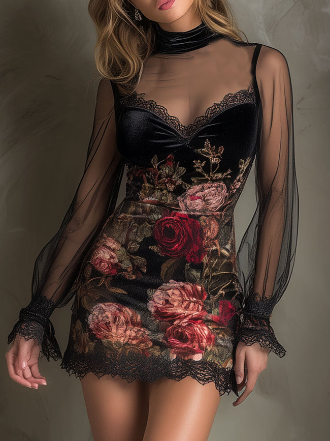 FJØRNA velvet rose print sheer patchwork mini dress with lace trim, featuring a flowy silhouette and feminine design.