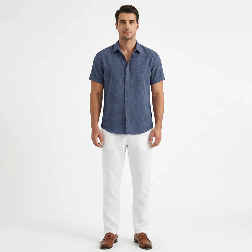 Men's FJØRNA cotton-linen short sleeve shirt, lightweight and breathable, shown in a natural fabric weave with a classic collar and button front.