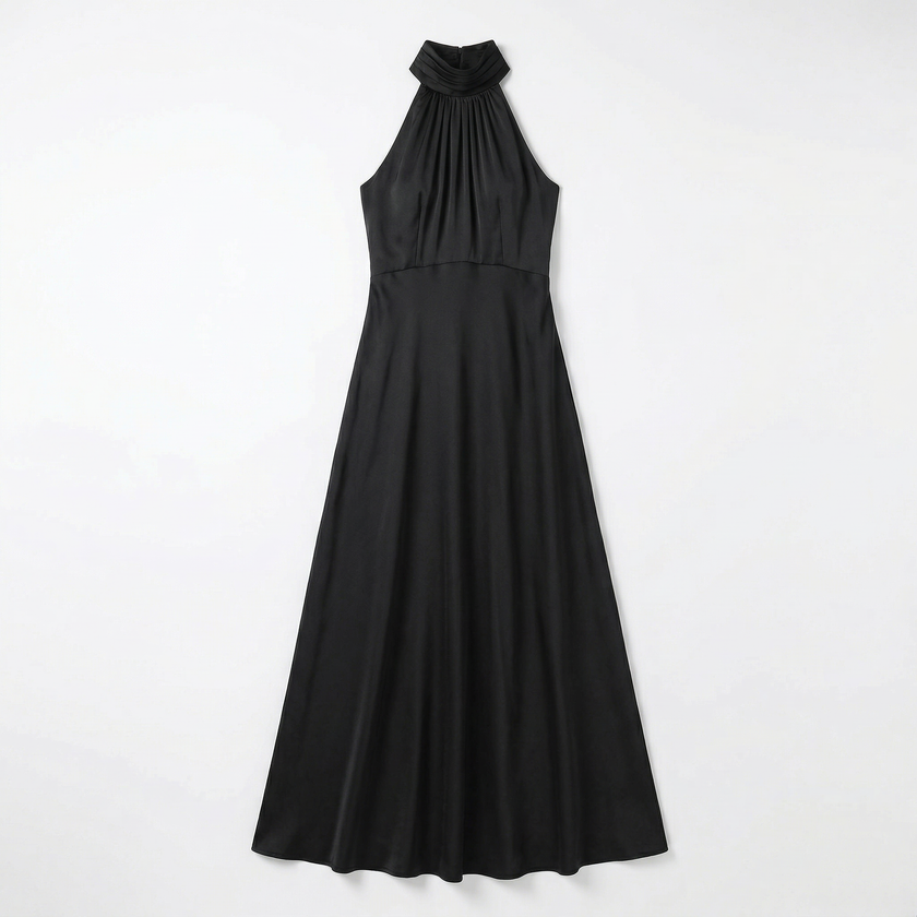 Women's satin high neck bridesmaid maxi dress by FJØRNA, featuring a elegant high neckline and flowing satin fabric.