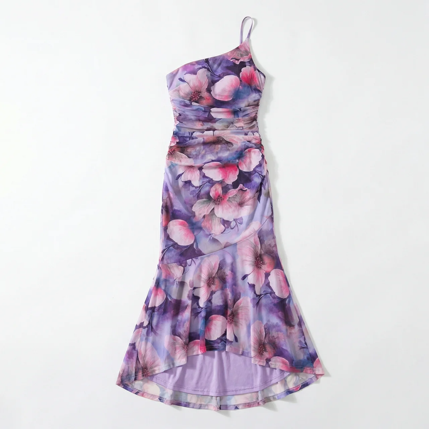 FJØRNA women's floral A-line maxi dress with a flowy silhouette and vibrant botanical print, perfect for summer occasions