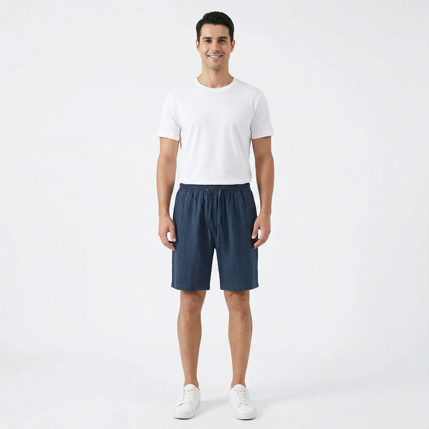 Men's summer linen shorts by FJØRNA, lightweight and breathable, shown in a casual fit with adjustable waist and side pockets.